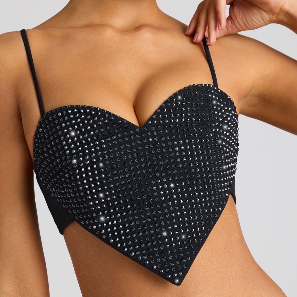 Oh Polly Rhinestone Heart Crop Top Black Syrene Embellished Festival Y2K US 4